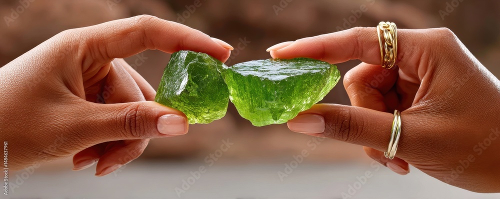 Close-up of hands holding vibrant green crystals with a reflective glow