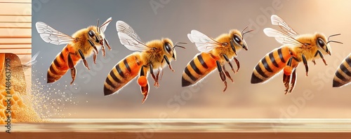 Obraz na płótnie Macro shot of worker bees with honeycomb and pollen under golden light w salonie