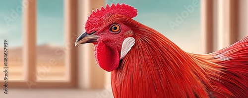 Close-up of a vibrant red rooster with textured feathers indoors
