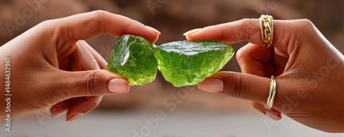 Obraz na płótnie Close-up of hands holding vibrant green crystals with a reflective glow w salonie