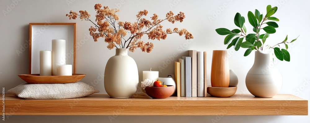 Minimalist shelf with vases, books, and natural-inspired decor in a cozy space