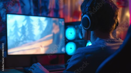 Gamer wears headphones playing video game on computer for entertainment and esports