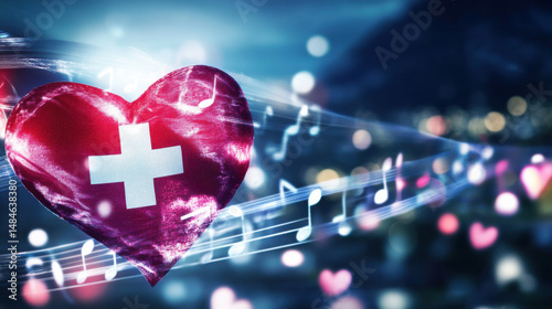 A vibrant heart with a Swiss cross, surrounded by musical notes and colorful bokeh, evoking love and harmony.