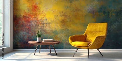 Wall Furniture. Modern Living Room Interior with Bright Furniture Against Abstract Wall