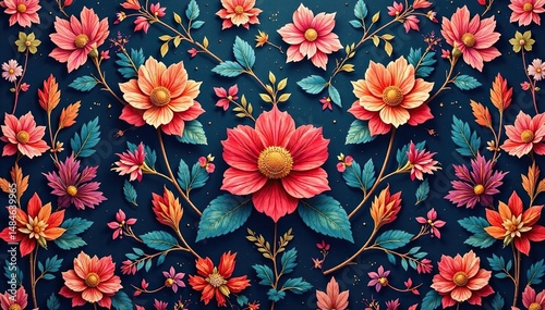 Intricate floral textile design, repeating motif , leaf, silk