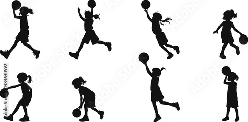 Dynamic silhouettes of girls playing basketball