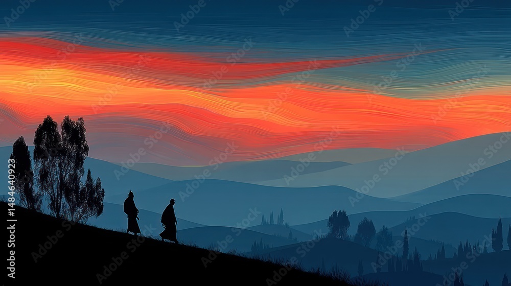 Fototapeta premium Silhouette people walking sunset landscape