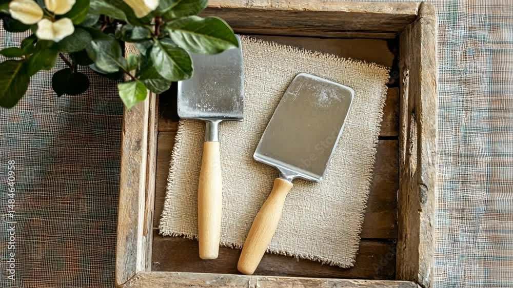 A rustic flat lay of gardening tools and greenery, creating a cozy atmosphere.