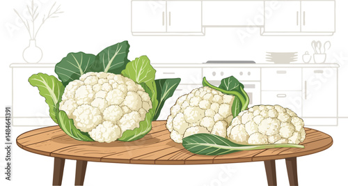 Cauliflower Illustration vector design, Cauliflower on table in kitchen vector design, Cauliflower in kitchen