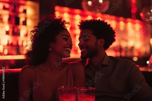 Romantic couple enjoying drinks in a vibrant bar with glowing lights and lively atmosphere