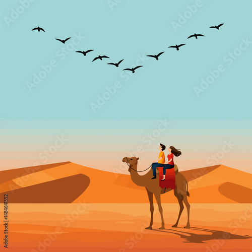 People Riding Camel Through Desert with Birds Flying Above