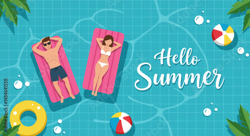 Summer activity: Flat vector illustration with "Hello Summer" text, depicting a couple relaxing on inflatable mattresses in a blue swimming pool. Enjoying summer relaxation