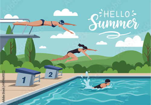 Adobe Illustrator Artwork Summer activity: Flat vector illustration with "Hello Summer" text, depicting swimmers diving into a pool from starting blocks and a diving board. Active summer water sport