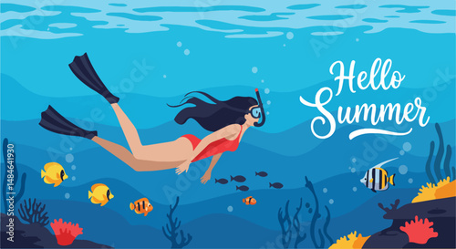 Adobe Illustrator Artwork Summer activity: Flat vector illustration with "Hello Summer" text, depicting a woman snorkeling underwater with colorful fish and coral reefs. Enjoying summer ocean