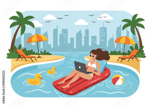 Adobe Illustrator Artwork Summer activity: Flat vector illustration of a woman working remotely on a laptop while floating in a pool with a city skyline backdrop. Summer workation vibes
