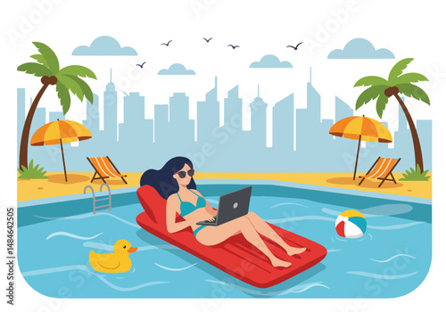 Adobe Illustrator Artwork Summer activity: Flat vector illustration of a woman working remotely on a laptop while floating in a pool with a city skyline backdrop. Summer workation vibes