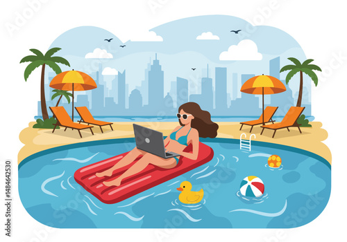 Adobe Illustrator Artwork Summer activity: Flat vector illustration of a woman working remotely on a laptop while floating in a pool with a city skyline backdrop. Summer workation vibes