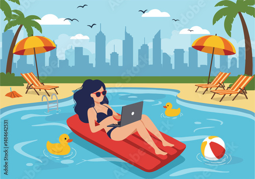 Adobe Illustrator Artwork Summer activity: Flat vector illustration of a woman working remotely on a laptop while floating in a pool with a city skyline backdrop. Summer workation vibes