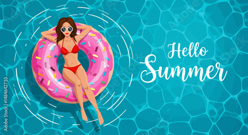 Summer activity: Flat vector illustration with "Hello Summer" text, depicting a woman in a bikini relaxing on a pink donut float in a blue pool. Enjoying summer vacation
