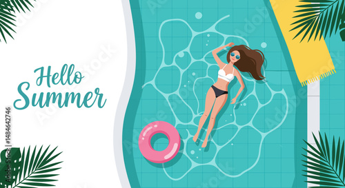Summer activity: Flat vector illustration with "Hello Summer" text, depicting a woman in a bikini relaxing on a pink donut float in a blue pool. Enjoying summer vacation
