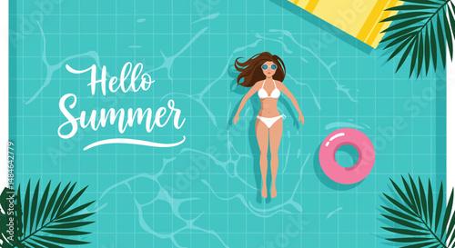 Summer activity: Flat vector illustration with "Hello Summer" text, depicting a woman in a bikini relaxing on a pink donut float in a blue pool. Enjoying summer vacation