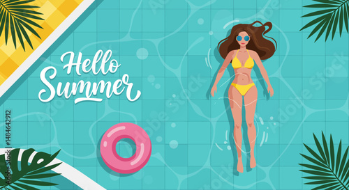 Summer activity: Flat vector illustration with "Hello Summer" text, depicting a woman in a bikini relaxing on a pink donut float in a blue pool. Enjoying summer vacation
