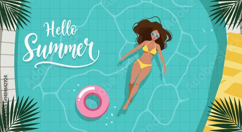 Summer activity: Flat vector illustration with "Hello Summer" text, depicting a woman in a bikini relaxing on a pink donut float in a blue pool. Enjoying summer vacation