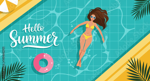 Summer activity: Flat vector illustration with "Hello Summer" text, depicting a woman in a bikini relaxing on a pink donut float in a blue pool. Enjoying summer vacation