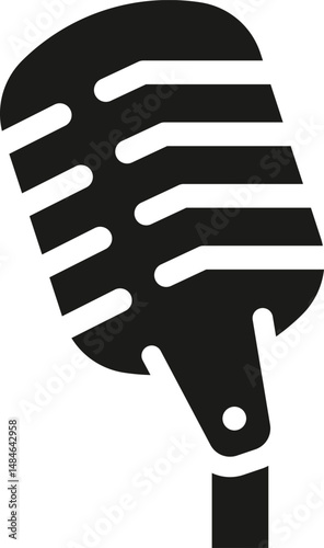 black microphone on a stand, angled slightly to the right, isolated on a white background. Perfect for podcasting, singing, or public speaking imagery