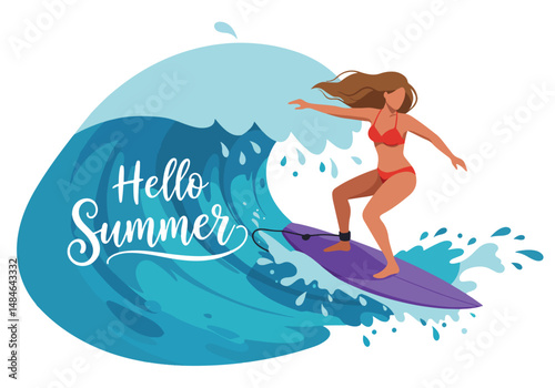 Adobe Illustrator Artwork Summer activity: Flat vector illustration of a woman surfing a large wave with "Hello Summer" text. Enjoying an active and fun summer water sport