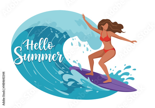 Adobe Illustrator Artwork Summer activity: Flat vector illustration of a woman surfing a large wave with "Hello Summer" text. Enjoying an active and fun summer water sport