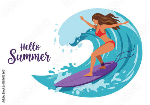 Adobe Illustrator Artwork Summer activity: Flat vector illustration of a woman surfing a large wave with "Hello Summer" text. Enjoying an active and fun summer water sport