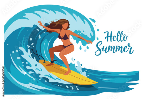 Adobe Illustrator Artwork Summer activity: Flat vector illustration of a woman surfing a large wave with "Hello Summer" text. Enjoying an active and fun summer water sport