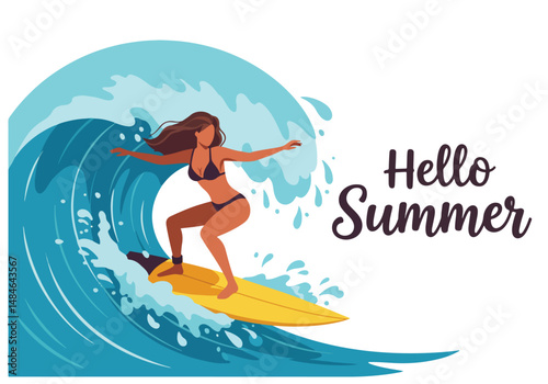 Adobe Illustrator Artwork Summer activity: Flat vector illustration of a woman surfing a large wave with "Hello Summer" text. Enjoying an active and fun summer water sport