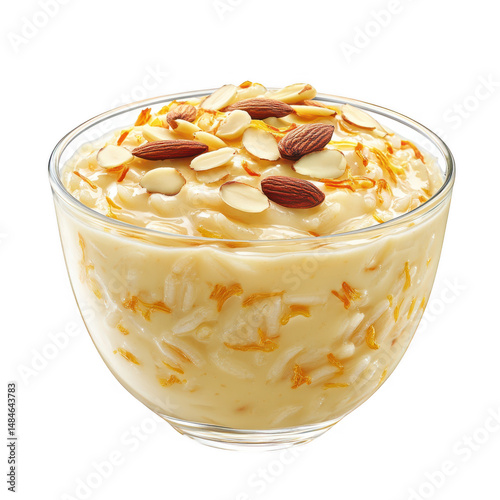 Bowl of kheer garnished with almonds isolated on transparent background