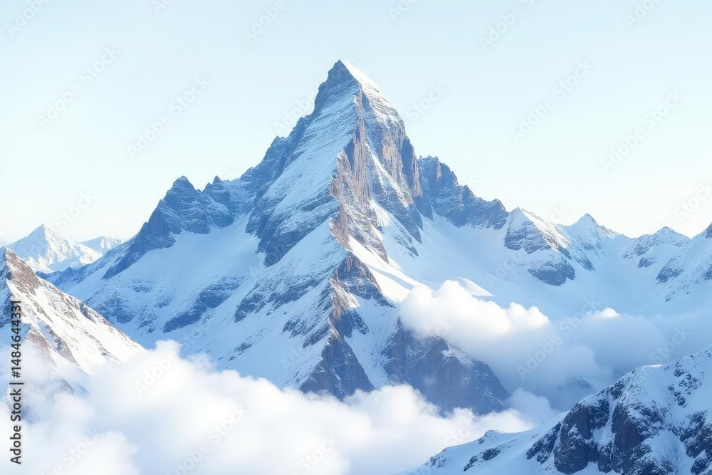 Fototapeta premium Snow-covered mountain peak against bright white sky, photography, altitude, winter