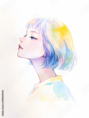 若い女性の横顔の水彩イラスト