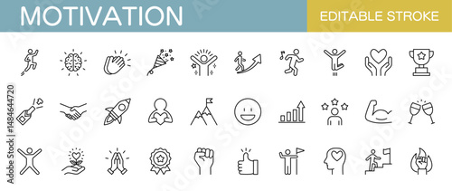 Motivation line icon set. Positive, challenge, teamwork, personal growth, etc. Editable stroke. Vector illustration