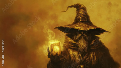 An ancient wizard, shrouded in mystery, holds a glowing cube in a warm, golden atmosphere, exuding magic and wisdom.