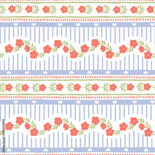 Vector cute cartoon hand drawn illustration. Seamless pattern of pink flowers and leaves on horizontal striped background with heart. Ideal for textile print, baby clothes, wallpaper, cleaning.