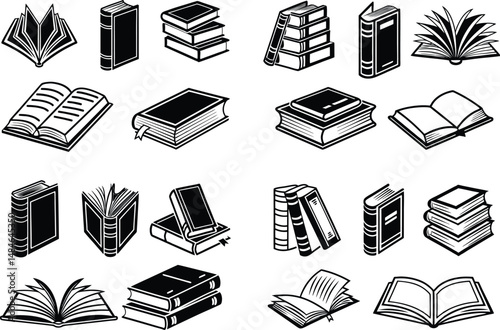Collection of various black and white book illustrations in different open and closed positions on white