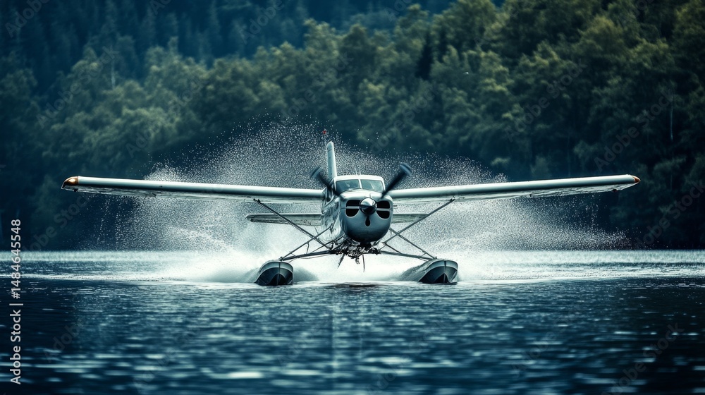 Naklejka premium Seaplane Landing on a Serene Lake