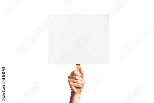 Hand holding a blank white sign on a wooden stick on transparent background