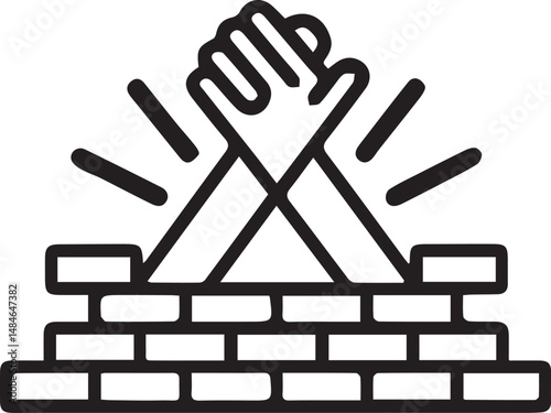 Helping Hands Over Brick Wall Line Art