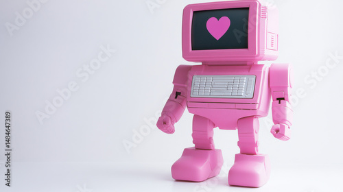 A whimsical pink robot stands confidently, featuring a heart on its screen, embodying a playful, futuristic theme.