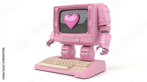A charming pink robot styled as a vintage computer, featuring a heart on its screen, combining tech with cuteness.