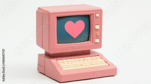 A charming vintage-style pink computer with a heart on the screen, blending nostalgia with a playful theme.