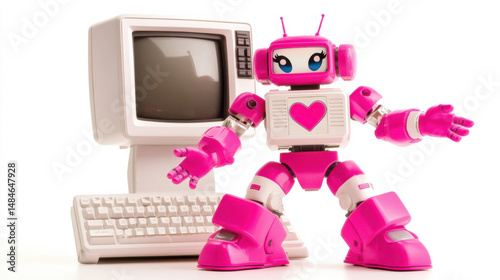 A vibrant pink robot with expressive eyes poses beside a vintage computer setup, embodying a playful retro-futuristic theme.