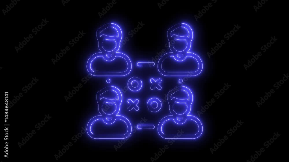 Neon style teamwork with strategy planning process tic tac toe animation on black background
