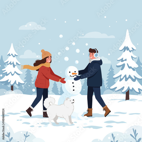 People Building Snowman with Dog in Snowy Winter Forest Scene